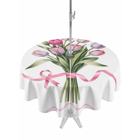 Outdoor Tablecloth with Umbrella Hole and Zipper, Pink Tulip Floral Round Table Cloth 54 Inch Waterproof Tablecloth, Spring Flowers Romantic Modern Art Picnic Table Cover for Patio Camping