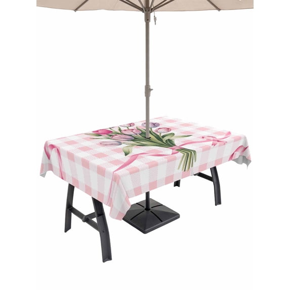 Outdoor Tablecloth with Umbrella Hole and Zipper, Pink Tulip Spring Floral Rectangle Table Cloth 52x70 Inch Waterproof Tablecloth, Romantic Flowers Modern Art Pink Plaid Picnic Table Cover for Patio