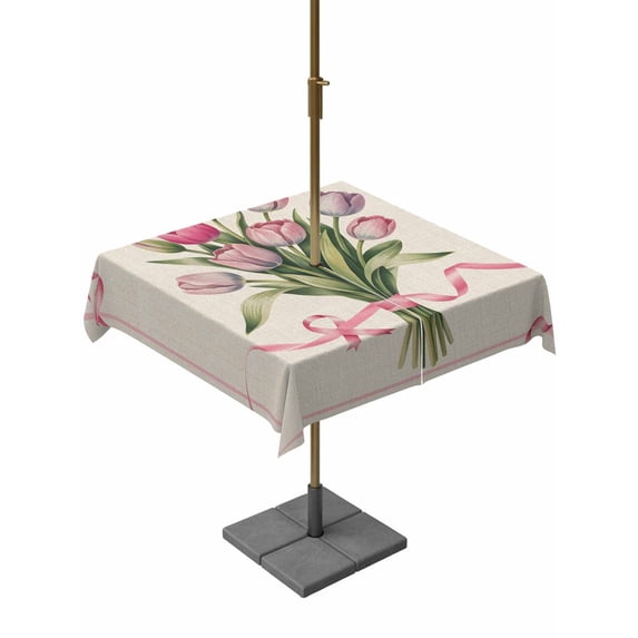 Outdoor Tablecloth with Umbrella Hole and Zipper, Pink Tulip Square Table Cloth 54x54 Inch Waterproof Tablecloth, Spring Floral Romantic Flowers Rustic Picnic Table Cover for Patio Camping