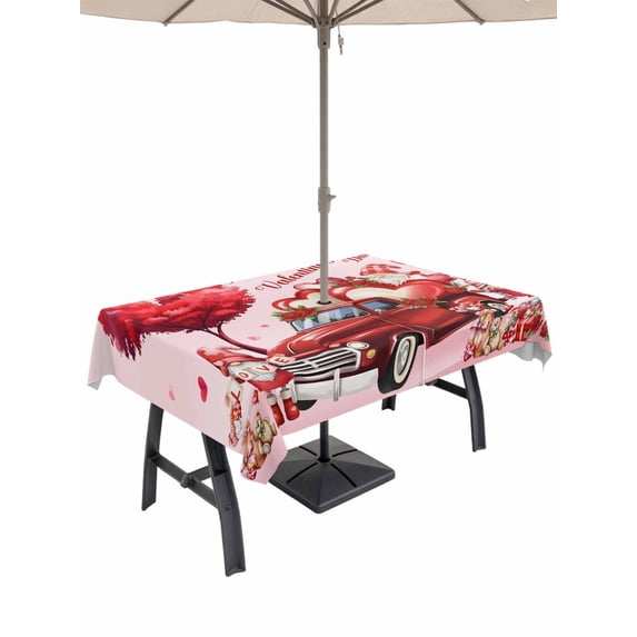Outdoor Tablecloth with Umbrella Hole and Zipper, Pink Valentine's Day Rectangle Table Cloth 52x70 Inch Waterproof Tablecloth, Love Heart Truck Roses Gnomes Picnic Table Cover for Patio Camping