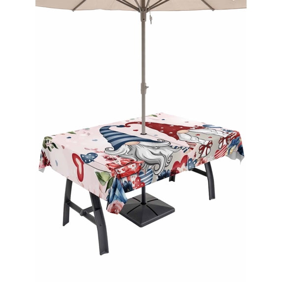 Outdoor Tablecloth with Umbrella Hole and Zipper, Pink Valentine's Day Rectangle Table Cloth 52x70 Inch Waterproof Tablecloth, Spring Floral Eucalyptus Leaves Gnomes Picnic Table Cover for Patio