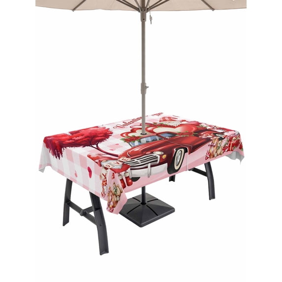 Outdoor Tablecloth with Umbrella Hole and Zipper, Pink Valentine's Day Rectangle Table Cloth 60x120 Inch Waterproof Tablecloth, Love Heart Gnomes Truck Roses Plaid Picnic Table Cover for Patio