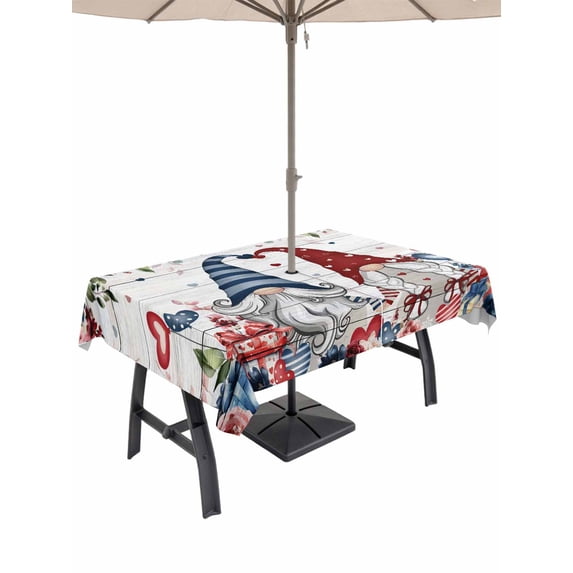 Outdoor Tablecloth with Umbrella Hole and Zipper, Pink Valentine's Day Rectangle Table Cloth 60x84 Inch Waterproof Tablecloth, Gnomes Floral Eucalyptus Leaves Wooden Picnic Table Cover for Patio