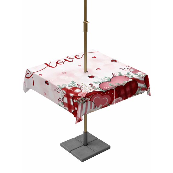 Outdoor Tablecloth with Umbrella Hole and Zipper, Pink Valentines Day Square Table Cloth 60x60 Inch Waterproof Tablecloth, Love Heart Eucalyptus Botanical Picnic Table Cover for Patio Camping