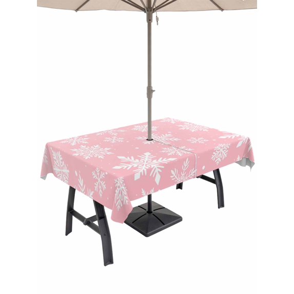 Outdoor Tablecloth with Umbrella Hole and Zipper, Pink White Snowflake Christmas Rectangle Table Cloth 60x102 Inch Waterproof Tablecloth, Winter Xmas Snowflakes Picnic Table Cover for Patio Camping