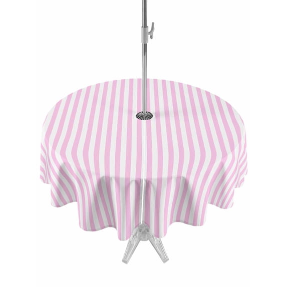 Outdoor Tablecloth with Umbrella Hole Zipper Pink White Stripe Round Tablecloth 60" Waterproof Outside Table Cloth Modern Minimalist Geometric Striped Patio Table Cover Tablecloths for Picnic Party