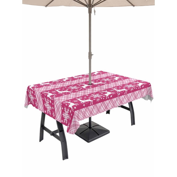 Outdoor Tablecloth with Umbrella Hole and Zipper, Pink Xmas Reindeer Rectangle Table Cloth 60x84 Inch Waterproof Tablecloth, Christmas Snowflakes Stripes Winter Picnic Table Cover for Patio Camping