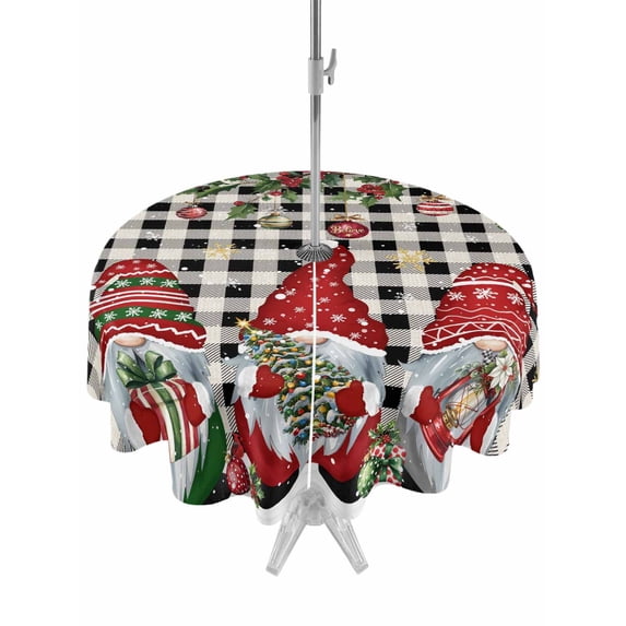 Outdoor Tablecloth with Umbrella Hole and Zipper, Plaid Gnomes Christmas Round Table Cloth 54 Inch Waterproof Tablecloth, Xmas Ball Gifts Snowflake Picnic Table Cover for Patio Camping