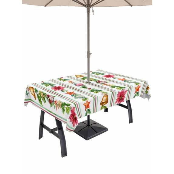 Outdoor Tablecloth with Umbrella Hole and Zipper, Poinsettia Floral Rectangle Table Cloth 52x70 Inch Waterproof Tablecloth, Christmas Balls Xmas Plants Bells New Year Picnic Table Cover for Patio
