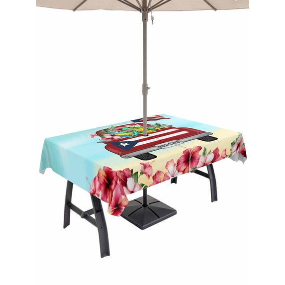 Outdoor Tablecloth with Umbrella Hole and Zipper, Puerto Rican Flag Rectangle Table Cloth 52x70 Inch Waterproof Tablecloth, Vintage Country Truck Flowers Blue Beige Picnic Table Cover for Patio