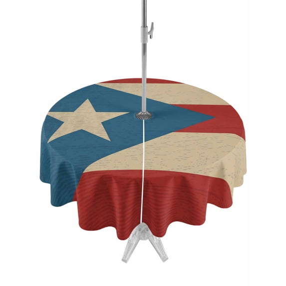 Outdoor Tablecloth with Umbrella Hole Zipper Puerto Rico Flag Round Tablecloth 54" Waterproof Outside Table Cloth Red Blue Vintage Patio Table Cover Tablecloths for Picnic Party