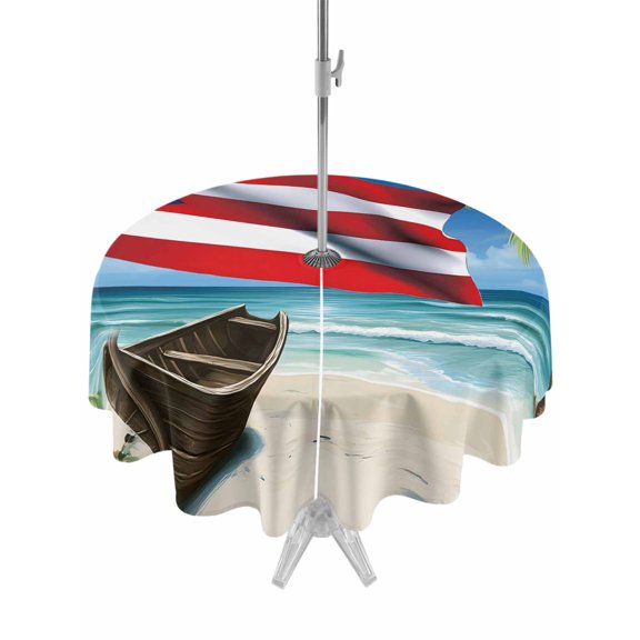 Outdoor Tablecloth with Umbrella Hole and Zipper, Puerto Rico Flag Sea Round Table Cloth 54 Inch Waterproof Tablecloth, Beach Palm Trees Boat Nautical Picnic Table Cover for Patio Camping