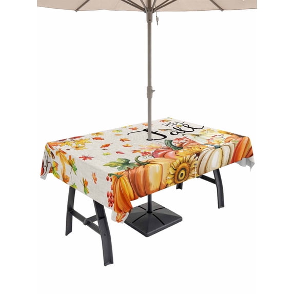 Outdoor Tablecloth with Umbrella Hole and Zipper, Pumpkin Fall Rectangle Table Cloth 60x120 Inch Waterproof Tablecloth, Thanksgiving Maple Leaves Beige Autumn Picnic Table Cover for Patio Camping