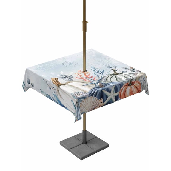 Outdoor Tablecloth with Umbrella Hole and Zipper, Pumpkin Starfish Square Table Cloth 60x60 Inch Waterproof Tablecloth, Blue Thanksgiving Coastal Autumn Picnic Table Cover for Patio Camping