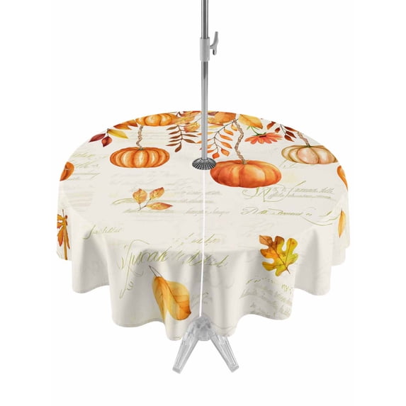 Outdoor Tablecloth with Umbrella Hole and Zipper, Pumpkins Fall Round Table Cloth 60 Inch Waterproof Tablecloth, Thanksgiving Orange Maple Leaf Picnic Table Cover for Patio Camping
