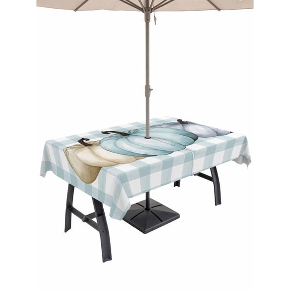 Outdoor Tablecloth with Umbrella Hole and Zipper, Pumpkins Rectangle Table Cloth 54x80 Inch Waterproof Tablecloth, Thanksgiving Fall Farmhouse Teal Buffalo Plaid Picnic Table Cover for Patio Camping