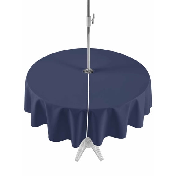 Outdoor Tablecloth with Umbrella Hole and Zipper, Pure Dark Blue Waterproof Patio Tablecloth for Dining Round 54'', Simple Solid Color Wipeable Table Cover for Picnic BBQ Party Patio