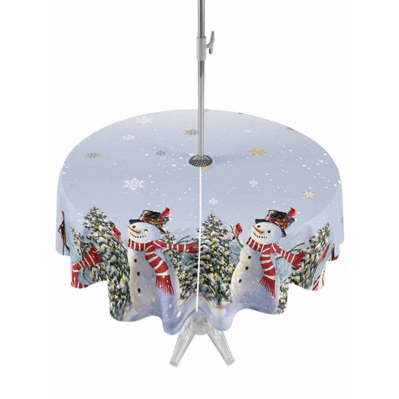 Outdoor Tablecloth with Umbrella Hole and Zipper, Purple Blue Christmas Snowman Round Table Cloth 60 Inch Waterproof Tablecloth, Winter Xmas Tree Snowflakes Picnic Table Cover for Patio Camping
