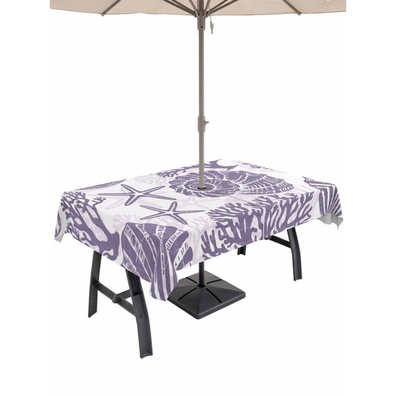 Outdoor Tablecloth with Umbrella Hole & Zipper, Purple Coastal Starfish Rectangle Tablecloth 60x102 Inch, Summer Coral Shell Nautical Beach Patio Table Cover Waterproof Table Cloth for Picnic/Party