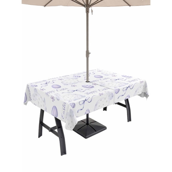 Outdoor Tablecloth with Umbrella Hole and Zipper, Purple Easter Rectangle Table Cloth 52x70 Inch Waterproof Tablecloth, Watercolor Spring Bunny Eggs Flower Picnic Table Cover for Patio Camping