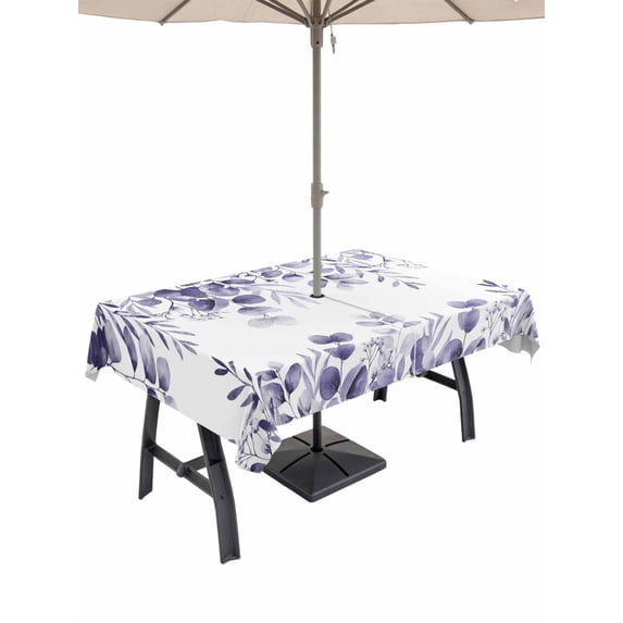 Outdoor Tablecloth with Umbrella Hole and Zipper, Purple Eucalyptus Leaves Rectangle Table Cloth 60x84 Inch Waterproof Tablecloth, Spring Summer Botanical Picnic Table Cover for Patio Camping