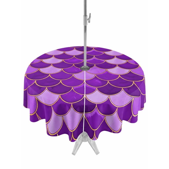 Outdoor Tablecloth with Umbrella Hole Zipper Purple Fish Scale Round Tablecloth 54" Waterproof Outside Table Cloth Modern Geometric Ombre Abstract Moroccan Patio Table Cover Tablecloths for Picnic