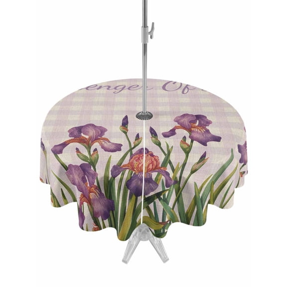 Outdoor Tablecloth with Umbrella Hole Zipper Purple Floral Checkered Round Tablecloth 60" Waterproof Outside Table Cloth Lavender Buffalo Plaid Botanical Patio Table Cover Tablecloths for Picnic