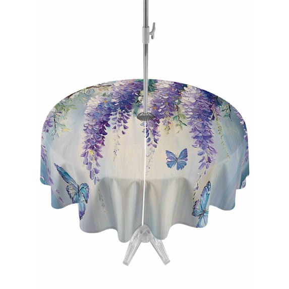 Outdoor Tablecloth with Umbrella Hole Zipper Purple Floral Round Tablecloth 60" Waterproof Outside Table Cloth Blue Butterfly Flower Modern Graffiti Art Patio Table Cover Tablecloths for Picnic Party