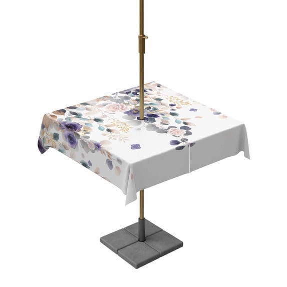 Outdoor Tablecloth with Umbrella Hole and Zipper, Purple Flowers Square Table Cloth 60x60 Inch Waterproof Tablecloth, Spring Floral Elegant Pastoral Watercolor Picnic Table Cover for Patio Camping