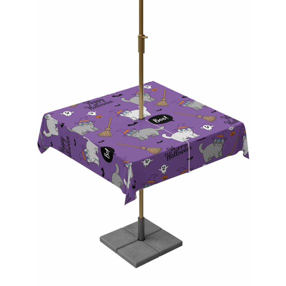 Outdoor Tablecloth with Umbrella Hole and Zipper, Purple Halloween Square Table Cloth 54x54 Inch Waterproof Tablecloth, Cat Bat Ghost Pumpkins Picnic Table Cover for Patio Camping