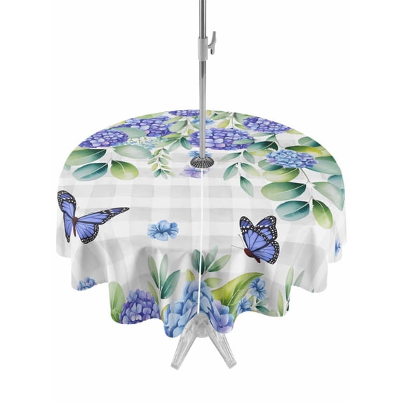 Outdoor Tablecloth with Umbrella Hole and Zipper, Purple Hydrangea Round Table Cloth 54 Inch Waterproof Tablecloth, Spring Eucalyptus Butterfly Grey Plaid Picnic Table Cover for Patio Camping