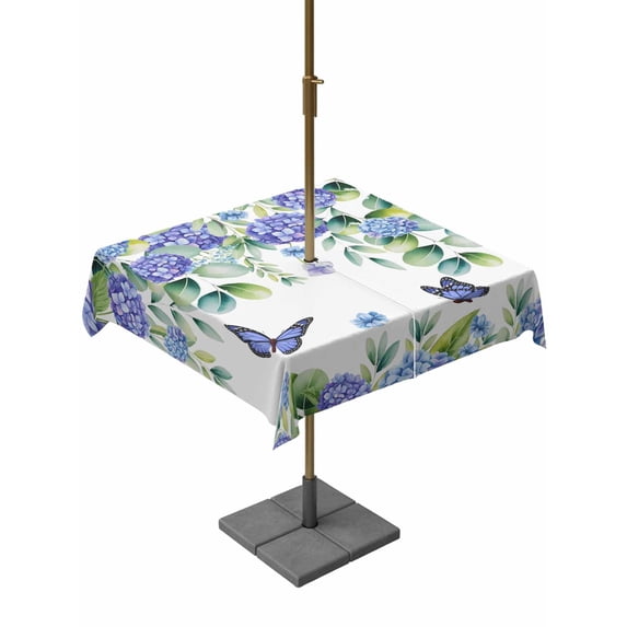 Outdoor Tablecloth with Umbrella Hole and Zipper, Purple Hydrangea Square Table Cloth 60x60 Inch Waterproof Tablecloth, Spring Eucalyptus Butterfly Pastoral Picnic Table Cover for Patio Camping