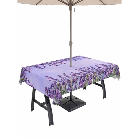 Outdoor Tablecloth with Umbrella Hole and Zipper, Purple Lavender Rectangle Table Cloth 60x102 Inch Waterproof Tablecloth, Spring Watercolor Wild Flowers Plant Picnic Table Cover for Patio Camping