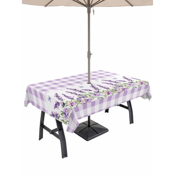 Outdoor Tablecloth with Umbrella Hole and Zipper, Purple Lavenders Rectangle Table Cloth 54x80 Inch Waterproof Tablecloth, Spring Floral Plaid Farmhouse Elegant Picnic Table Cover for Patio Camping