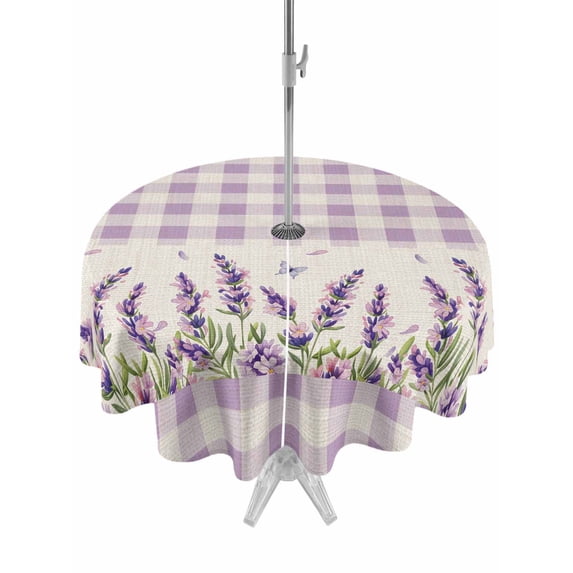 Outdoor Tablecloth with Umbrella Hole and Zipper, Purple Lavenders Round Table Cloth 60 Inch Waterproof Tablecloth, Spring Floral Plaid Farmhouse Rustic Picnic Table Cover for Patio Camping