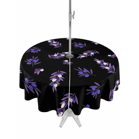 Outdoor Tablecloth with Umbrella Hole and Zipper, Purple Olive Fruits Round Table Cloth 54 Inch Waterproof Tablecloth, Spring Farm Branches Leaves Plants Black Picnic Table Cover for Patio Camping