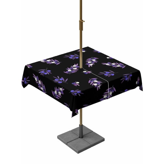 Outdoor Tablecloth with Umbrella Hole and Zipper, Purple Olive Fruits Square Table Cloth 54x54 Inch Waterproof Tablecloth, Spring Farm Branches Leaves Plants Black Picnic Table Cover for Patio