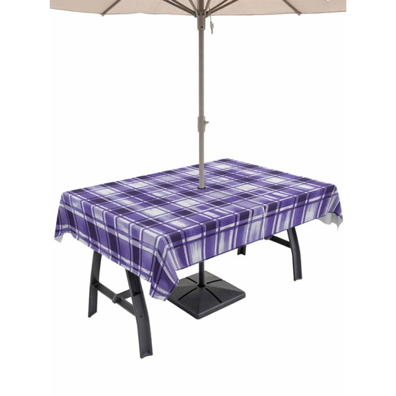 Outdoor Tablecloth with Umbrella Hole and Zipper, Purple Plaid Rectangle Table Cloth 54x80 Inch Waterproof Tablecloth, Modern Art Checkered Farmhouse Picnic Table Cover for Patio Camping