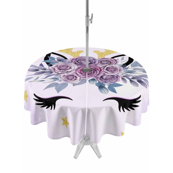 Outdoor Tablecloth with Umbrella Hole Zipper Purple Rose Antlers Round Tablecloth 54" Waterproof Outside Table Cloth Abstract Art Fancy Flowers Stars Patio Table Cover Tablecloths for Picnic Party