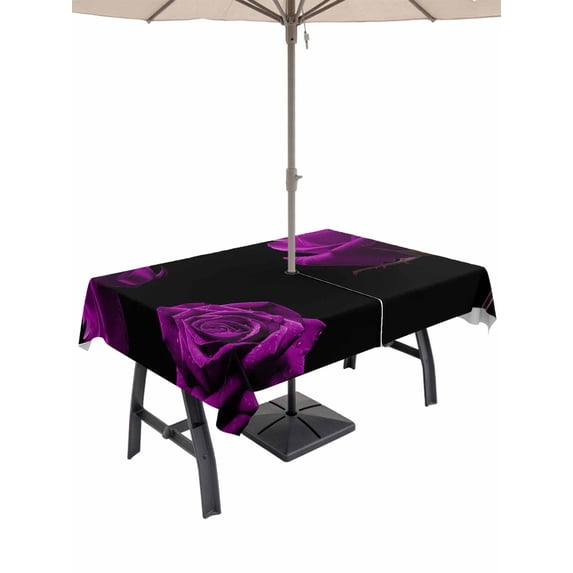 Outdoor Tablecloth with Umbrella Hole and Zipper, Purple Rose Rectangle Table Cloth 60x84 Inch Waterproof Tablecloth, Vintage Abstract Garden Flower Floral Black Picnic Table Cover for Patio Camping