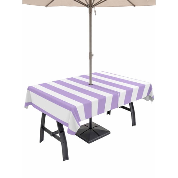 Outdoor Tablecloth with Umbrella Hole and Zipper, Purple Striped Waterproof Patio Tablecloth for Dining 52''x70'', Modern Farmhouse Purple White Stripes Wipeable Table Cover for Picnic BBQ Party