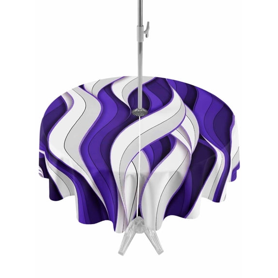 Outdoor Tablecloth with Umbrella Hole Zipper Purple White Moire Round Tablecloth 60" Waterproof Outside Table Cloth Modern Abstract Art Elegant Patio Table Cover Tablecloths for Picnic Party