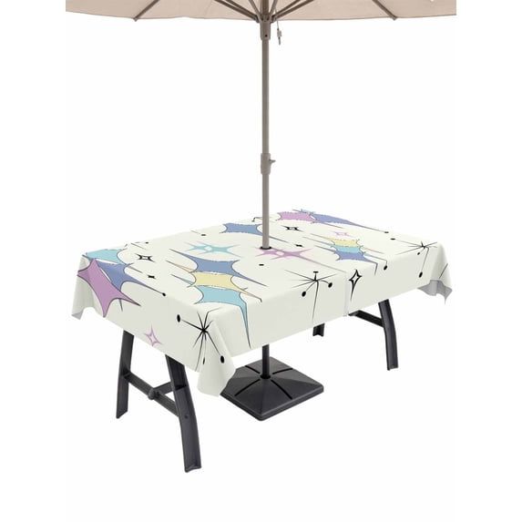 Outdoor Tablecloth with Umbrella Hole and Zipper, Purple Yellow Diamond Rectangle Table Cloth 60x120 Inch Waterproof Tablecloth, Modern Geometric Middle Century Picnic Table Cover for Patio Camping