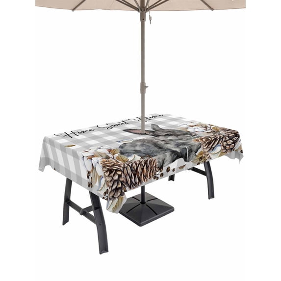 Outdoor Tablecloth with Umbrella Hole and Zipper, Rabbits Pine Cone Rectangle Table Cloth 54x80 Inch Waterproof Tablecloth, Sweet Home Texture Grey Plaid Farmhouse Picnic Table Cover for Patio