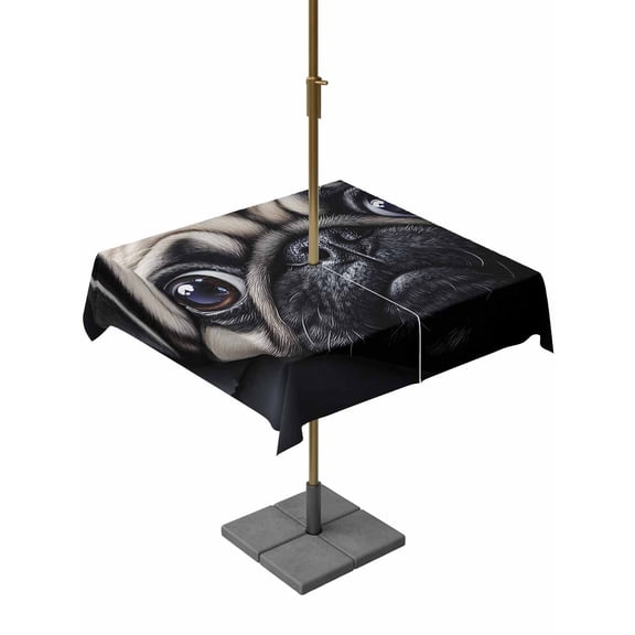 Outdoor Tablecloth with Umbrella Hole and Zipper, Realistic Pug Dog Pattern Square Waterproof Table Cover 54x54in Washable Table Cloth for Patio Picnic Party Dark Background