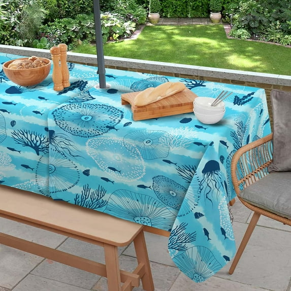 Outdoor Tablecloth with Umbrella Hole and Zipper, Rectangle Patio Table Covers for Spring/Summer, Machine Washable Outdoor Picnic Table Cloth (01-Blue Ocean, 60" × 84" Rectangular)