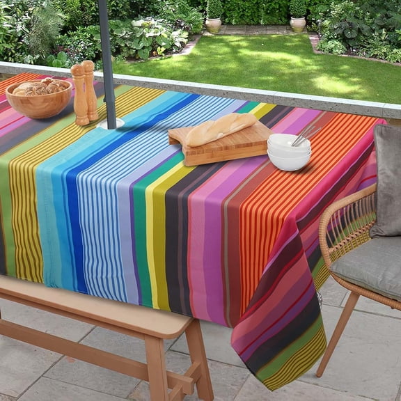 Outdoor Tablecloth with Umbrella Hole and Zipper, Rectangle Patio Table Covers for Spring/Summer, Machine Washable Outdoor Picnic Table Cloth (02stripes, 60" × 102" Rectangular)
