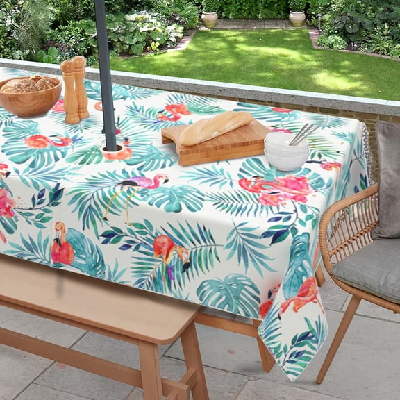Outdoor Tablecloth with Umbrella Hole and Zipper, Rectangle Patio Table Covers for Spring/Summer, Machine Washable Outdoor Picnic Table Cloth (Flamingo, 60" × 84" Rectangular)