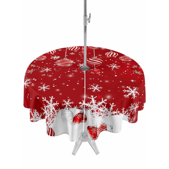 Outdoor Tablecloth with Umbrella Hole and Zipper, Red Balls Christmas Round Table Cloth 54 Inch Waterproof Tablecloth, Christmas Ball Snowflake Xmas Picnic Table Cover for Patio Camping