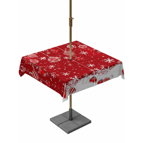 Outdoor Tablecloth with Umbrella Hole and Zipper, Red Balls Christmas Square Table Cloth 60x60 Inch Waterproof Tablecloth, Christmas Ball Snowflake Xmas Picnic Table Cover for Patio Camping